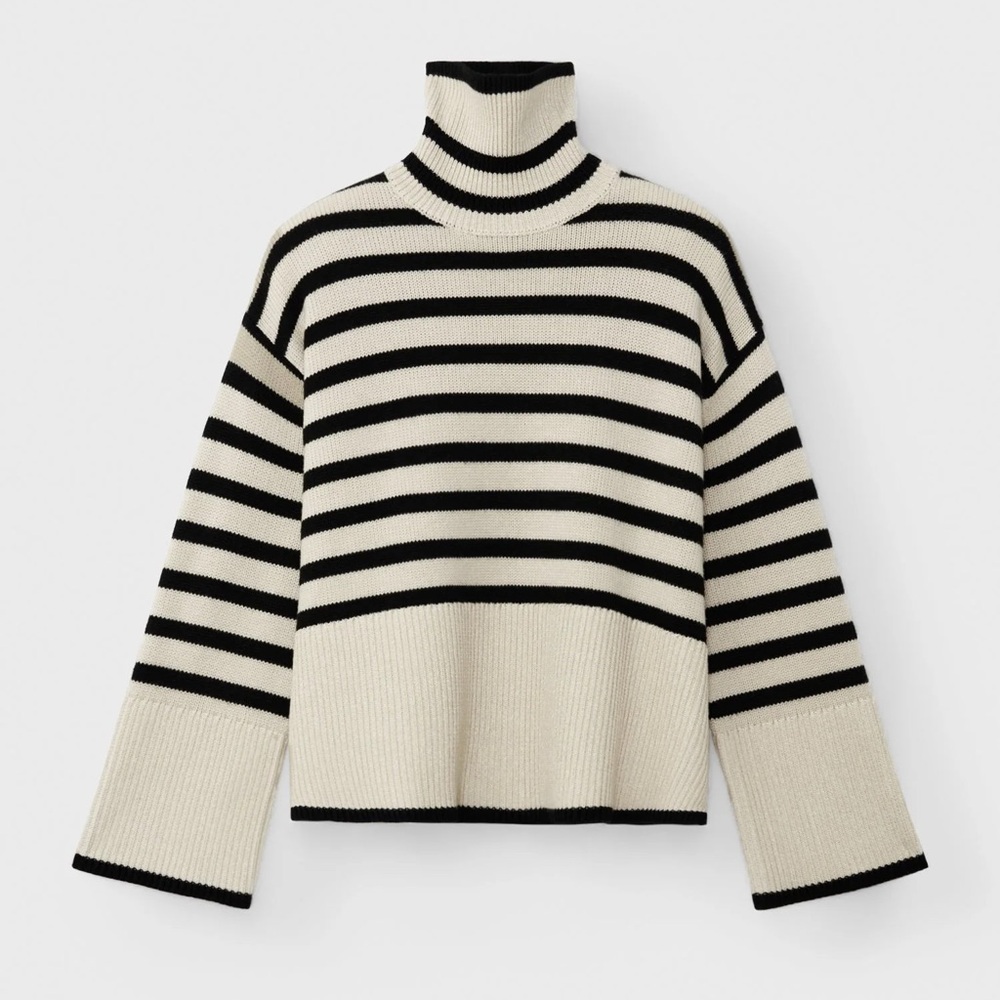 Toteme Black and Cream Striped Turtleneck Sweater